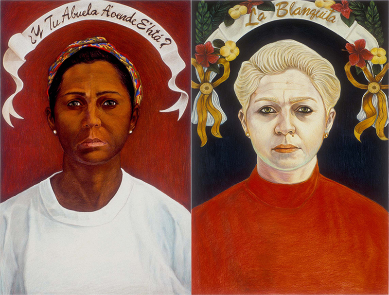 Bibiana Suárez, Y Tu abuela a’onde ehtá/ What Color is Your Grandmother,1991 (Right) La Blanquita/The White One (left), 1991-1992. Pastel on paper, 84 x 60 in. Courtesy of the artist. ©Bibiana Suárez