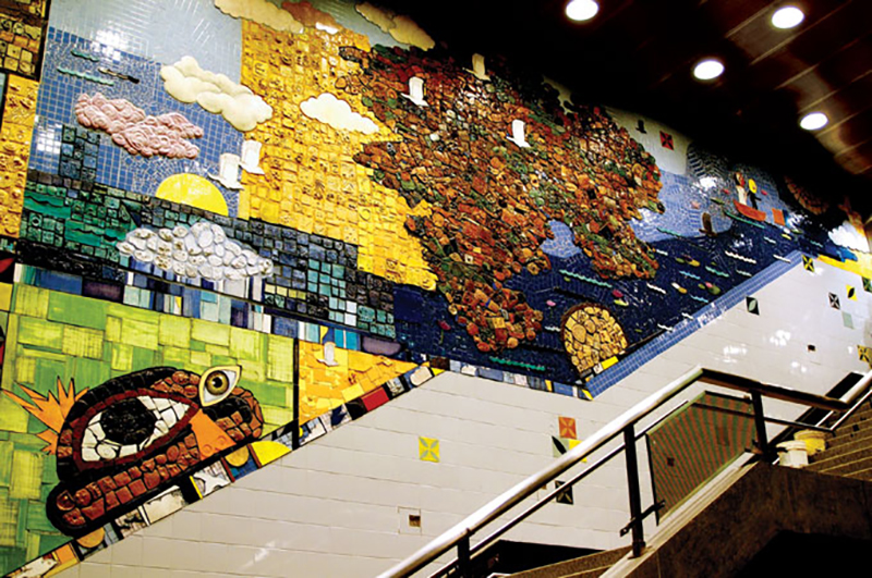 Juan Angel Chávez and Corinne D. Peterson, Hopes and Dreams, 2001. Glass ceramic mosaic, CTA Roosevelt Station, CTA Arts in Transit Program.  Photo courtesy of the Chicago Transit Authority CTA and the artist. ©Juan Angel Chávez.